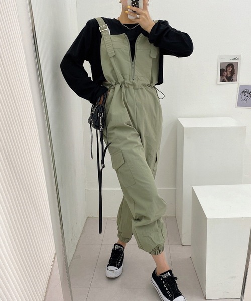 aimoha（アイモハ）の「ジッパーカジュアルサロペット（サロペット/オーバーオール・レディース・グリーン/ブラック・FREE）」の13枚目の写真