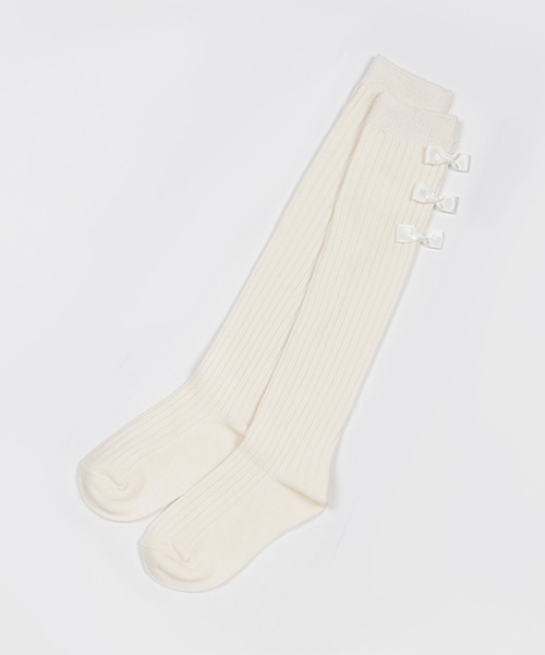 petit main（プティマイン）の「プチリボンオーバーニーソックス（ソックス/靴下・キッズ・オフホワイト/ブラック/モカ/グレー・L/M/S）」の2枚目の写真