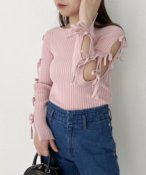 U by SPICK&SPAN(ユーバイスピックアンドスパン)の「リボンディテールニットトップス(ニット/セーター・レディース・ブラック/ホワイト系その他/ピンク・FREE)」の7枚目の写真