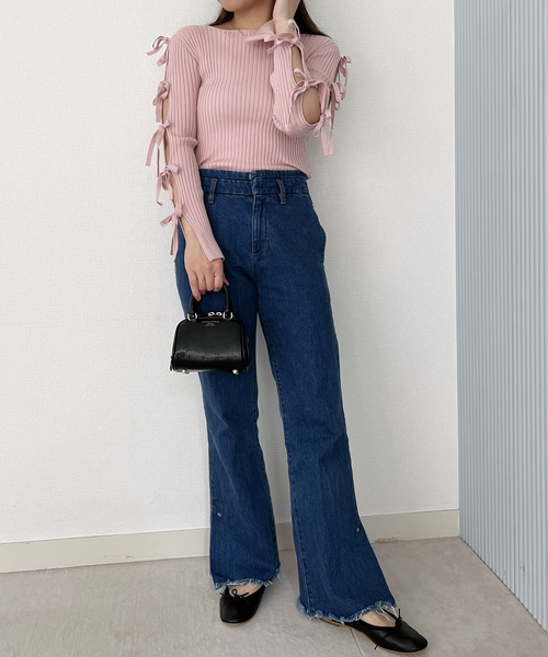 U by SPICK&SPAN(ユーバイスピックアンドスパン)の「リボンディテールニットトップス(ニット/セーター・レディース・ブラック/ホワイト系その他/ピンク・FREE)」の9枚目の写真