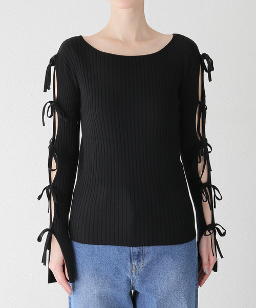 U by SPICK&SPAN(ユーバイスピックアンドスパン)の「リボンディテールニットトップス(ニット/セーター・レディース・ブラック/ホワイト系その他/ピンク・FREE)」の10枚目の写真