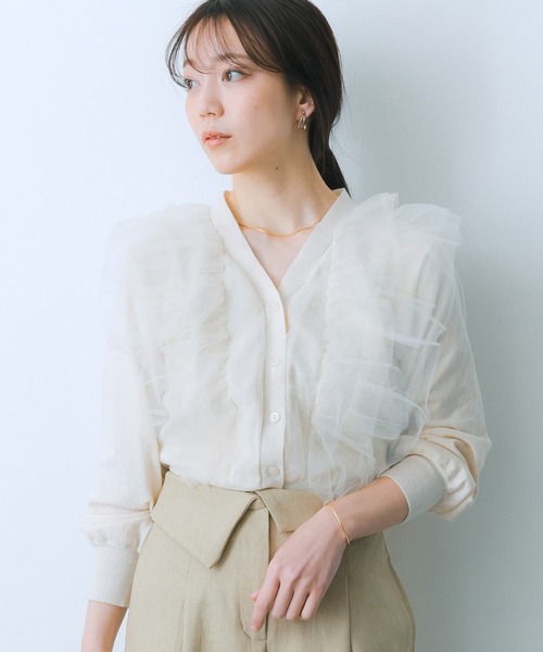 HEYUMM(ヘユム)の「チュールドッキングカーディガン(カーディガン/ボレロ・レディース・ラベンダー/アイボリー/チャコールグレー・ONE)」の5枚目の写真