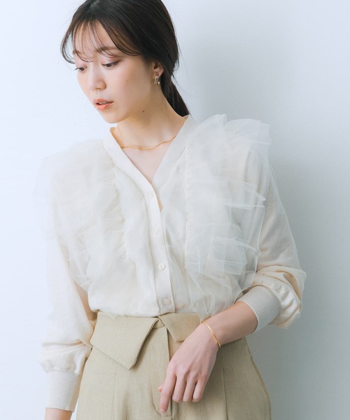HEYUMM(ヘユム)の「チュールドッキングカーディガン(カーディガン/ボレロ・レディース・ラベンダー/アイボリー/チャコールグレー・ONE)」の8枚目の写真