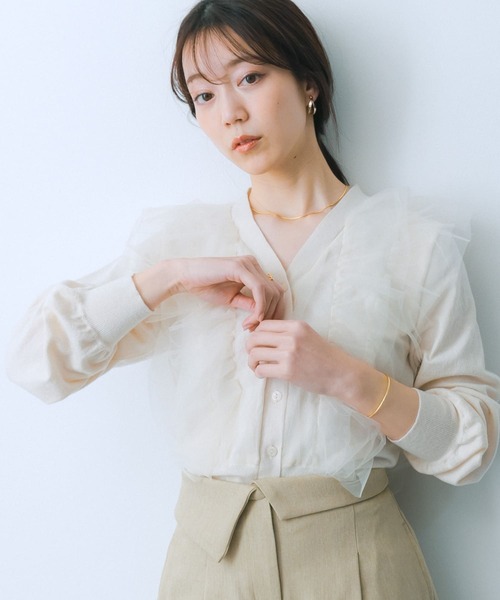 HEYUMM(ヘユム)の「チュールドッキングカーディガン(カーディガン/ボレロ・レディース・ラベンダー/アイボリー/チャコールグレー・ONE)」の7枚目の写真