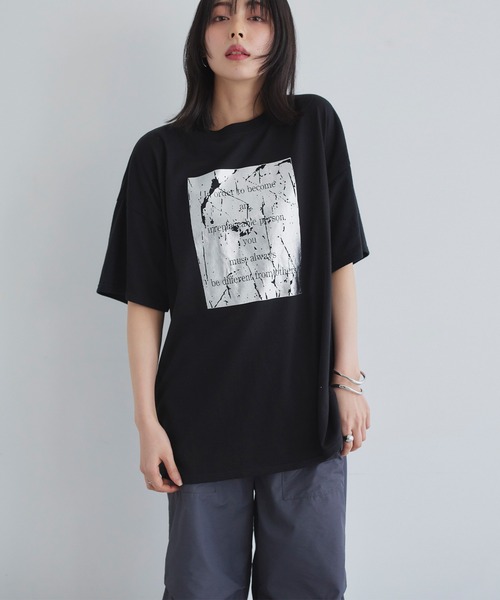 し*ち様 CABaN Tシャツ 黒 フラワープリント セール】箔プリントオーバーサイズT（Tシャツ/カットソー