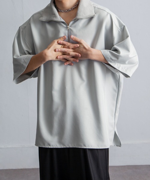 セール】リブハイネックオーバーサイズ 半袖 ハーフジップ（Tシャツ