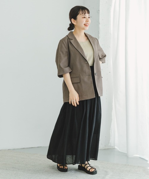 ITEMS URBANRESEARCH（アイテムズ アーバンリサーチ）の「『セットアップ対応』リネンライクハンソデジャケット（セットアップ・レディース・ブラック/モカ・FREE）」の9枚目の写真