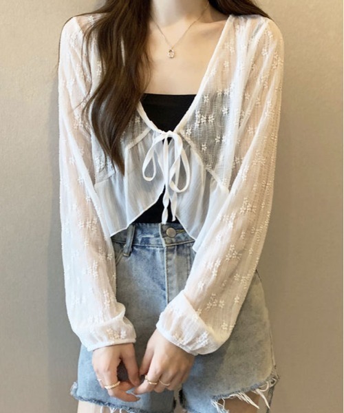 kirakiraShop(キラキラショップ)の「【夏の羽織りに】【着回し万能】フラワー レース シアー ショート カーディガン(カーディガン/ボレロ・レディース・ピンク/ホワイト/アイボリー/ブルー/グリーン・FREE)」の1枚目の写真