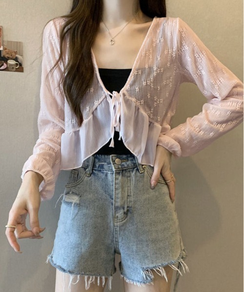 kirakiraShop(キラキラショップ)の「【夏の羽織りに】【着回し万能】フラワー レース シアー ショート カーディガン(カーディガン/ボレロ・レディース・ピンク/ホワイト/アイボリー/ブルー/グリーン・FREE)」の5枚目の写真