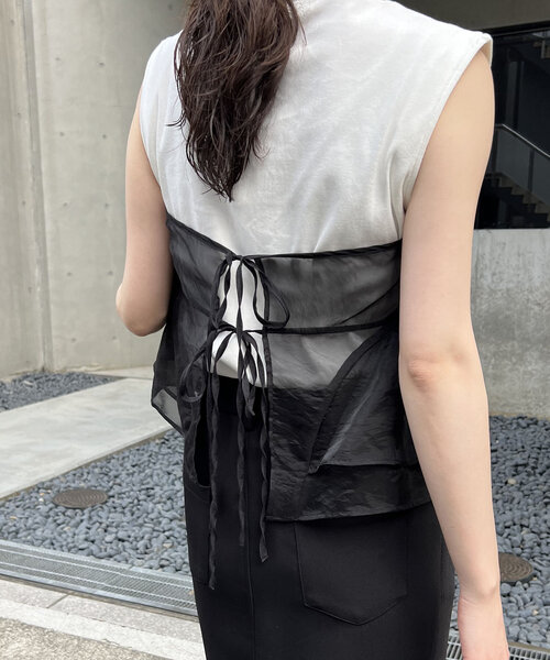 CAPRICIEUX LE'MAGE(カプリシューレマージュ)の「オーガンジービスチェTシャツ(Tシャツ/カットソー・レディース・ベージュ/ブラック・FREE)」の8枚目の写真