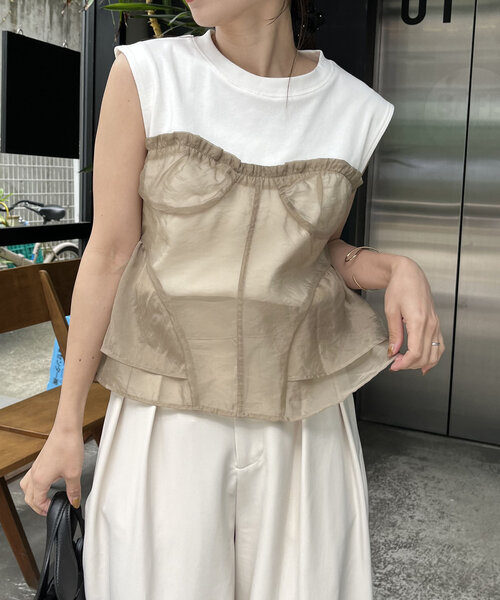 CAPRICIEUX LE'MAGE(カプリシューレマージュ)の「オーガンジービスチェTシャツ(Tシャツ/カットソー・レディース・ベージュ/ブラック・FREE)」の12枚目の写真