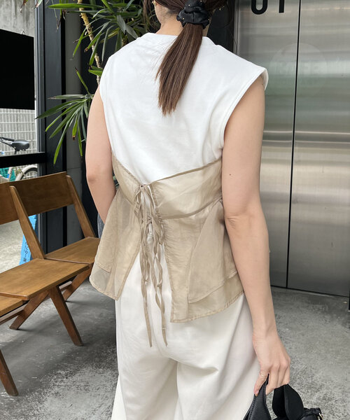 CAPRICIEUX LE'MAGE(カプリシューレマージュ)の「オーガンジービスチェTシャツ(Tシャツ/カットソー・レディース・ベージュ/ブラック・FREE)」の13枚目の写真