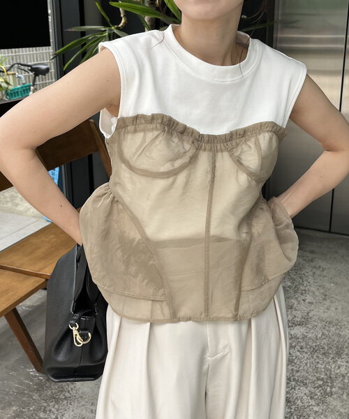 CAPRICIEUX LE'MAGE(カプリシューレマージュ)の「オーガンジービスチェTシャツ(Tシャツ/カットソー・レディース・ベージュ/ブラック・FREE)」の16枚目の写真
