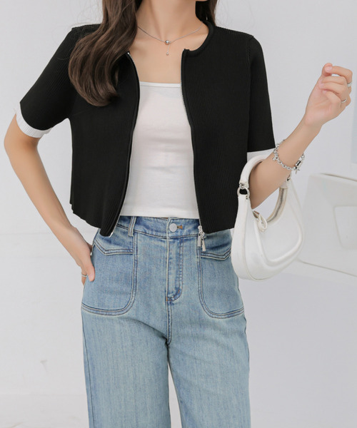 BANNER SELECT(バナーセレクト)の「袖配色Wジップ5分袖リブニットトップス(Tシャツ/カットソー・レディース・ブルー/ブラック系その他/ブラック/ブルー系その他/ベージュ/ベージュ系その他・FREE)」の3枚目の写真
