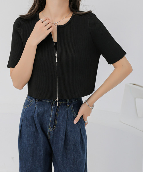 BANNER SELECT(バナーセレクト)の「袖配色Wジップ5分袖リブニットトップス(Tシャツ/カットソー・レディース・ブルー/ブラック系その他/ブラック/ブルー系その他/ベージュ/ベージュ系その他・FREE)」の9枚目の写真
