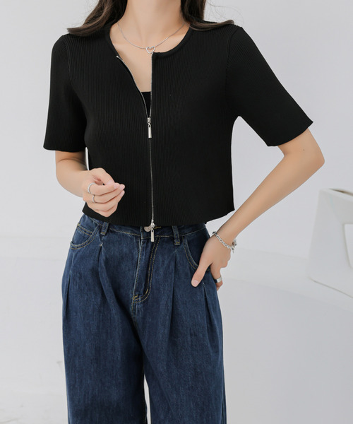 BANNER SELECT(バナーセレクト)の「袖配色Wジップ5分袖リブニットトップス(Tシャツ/カットソー・レディース・ブルー/ブラック系その他/ブラック/ブルー系その他/ベージュ/ベージュ系その他・FREE)」の10枚目の写真