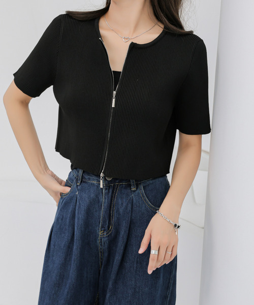 BANNER SELECT(バナーセレクト)の「袖配色Wジップ5分袖リブニットトップス(Tシャツ/カットソー・レディース・ブルー/ブラック系その他/ブラック/ブルー系その他/ベージュ/ベージュ系その他・FREE)」の11枚目の写真