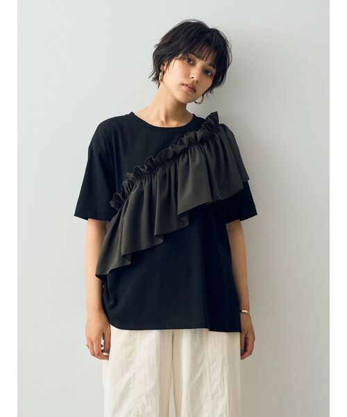 Editt by YECCA VECCA（エディットバイイェッカヴェッカ）の「ラッフルデザインドロストアシメTee（Tシャツ/カットソー・レディース・ブラック/オフホワイト/ネイビー・FREE）」の7枚目の写真