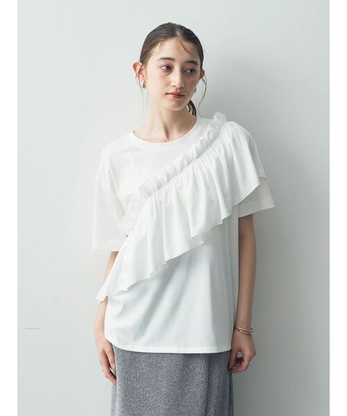 Editt by YECCA VECCA（エディットバイイェッカヴェッカ）の「ラッフルデザインドロストアシメTee（Tシャツ/カットソー・レディース・ブラック/オフホワイト/ネイビー・FREE）」の5枚目の写真