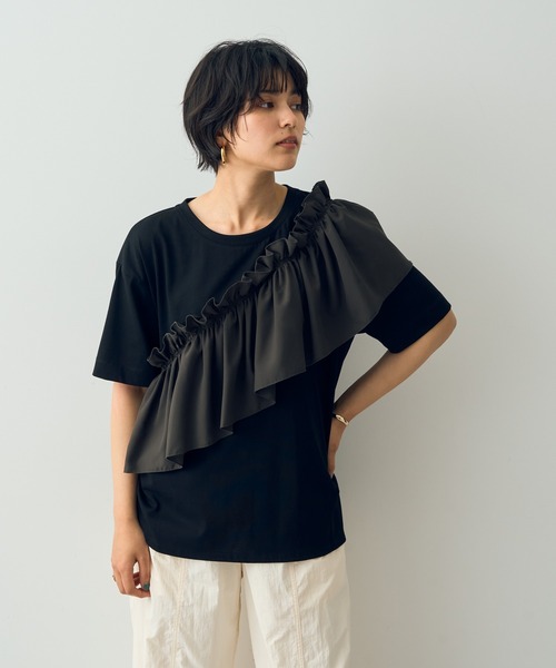 Editt by YECCA VECCA（エディットバイイェッカヴェッカ）の「ラッフルデザインドロストアシメTee（Tシャツ/カットソー・レディース・ブラック/オフホワイト/ネイビー・FREE）」の4枚目の写真