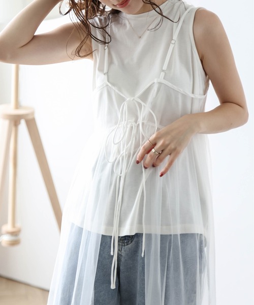 AMELY(エミリー)の「前後2wayシアーチュールキャミワンピ(サロペット/オーバーオール・レディース・モカ/ホワイト/ブラック・フリー)」の5枚目の写真