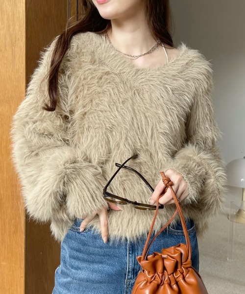 セール】長毛 フェザーヤーン Vネック シャギー ニット（ニット