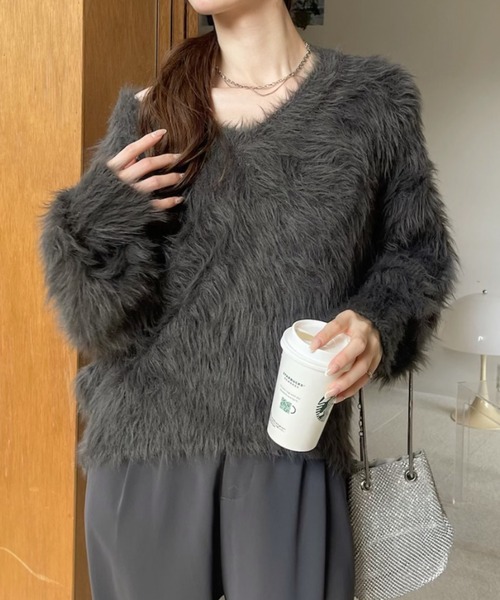 もふもふ♡ イエナ　アンゴラファー　毛長　シャギー ニットワンピース 膝丈 セール】長毛 フェザーヤーン Vネック シャギー ニット（ニット