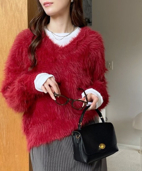 セール】長毛 フェザーヤーン Vネック シャギー ニット（ニット