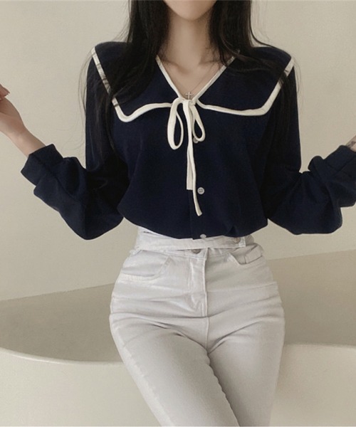 ビッグ襟 バイカラーリボンブラウス（シャツ/ブラウス）｜INASTUDIOS