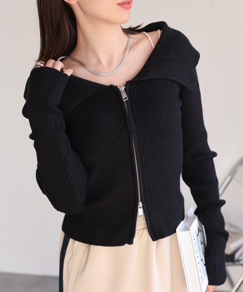 セール】オフショルダージップアップニットトップス/TOPS/オフ