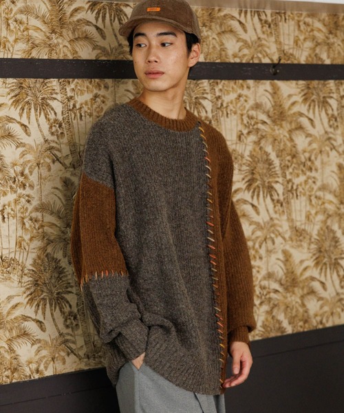 niko and...（ニコアンド）の「かがりステッチニットプルオーバー（ニット/セーター・メンズ・ブラウン/ブラック/アイボリー・MEDIUM/LARGE）」の3枚目の写真