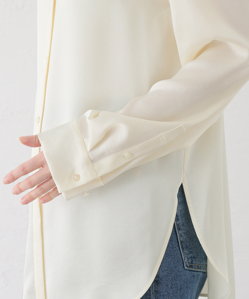 新品【ノーブル NOBLE】サテン　長袖　ブラウス　ホワイト　白　スリット　袖 ノーブル NOBLE】新品サテンブラウスホワイト白スリット長袖