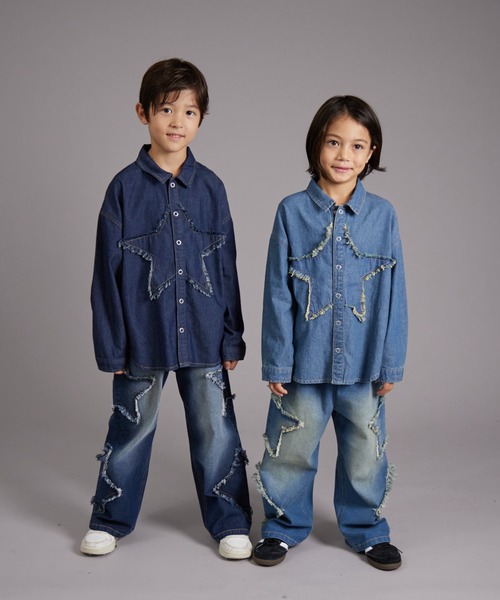 PAIRMANON STREET（ペアマノンストリート）の「【PAIRMANON STREET】モチーフ クラッシュ ワイド デニム パンツ（デニムパンツ・キッズ・ブルー/インディゴブルー・90/120/150/160/100/110/130/140）」の4枚目の写真