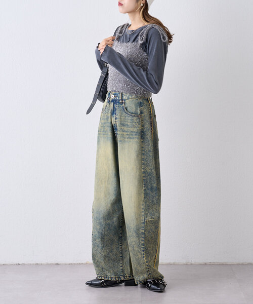 【新品・未開封】ラメフェザーカーディガン&ロングパンツセット ライトブルー w closet（ダブルクローゼット）の「【SETアイテム】ラメフェザー