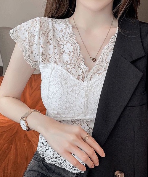 Lace Ladies（レースレディース）の「Vネック スカラップ レース カップ付き トップス（その他トップス・レディース・ブラック/ホワイト・FREE）」の15枚目の写真