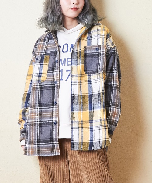 CUBE SUGAR（キューブシュガー）の「起毛チェックビッグシャツ（シャツ/ブラウス・レディース・グリーン/イエロー/オレンジ・M）」の2枚目の写真