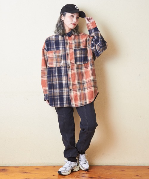 CUBE SUGAR（キューブシュガー）の「起毛チェックビッグシャツ（シャツ/ブラウス・レディース・グリーン/イエロー/オレンジ・M）」の7枚目の写真