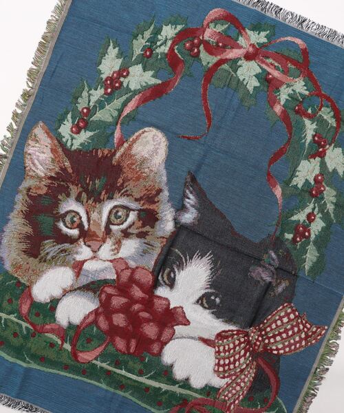 vintage 猫 フリンジ付きラグ ブランケット