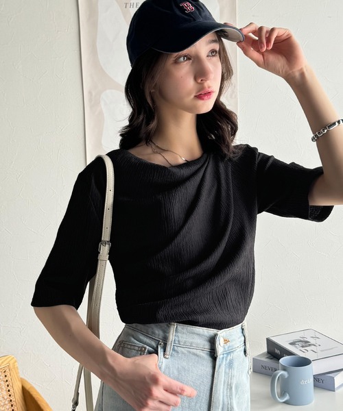 classicalelf(クラシカルエルフ)の「女性らしさ格上げ。ハーフスリーブアシメドレープカットソー(Tシャツ/カットソー・レディース・アイボリー/グレイッシュベージュ/チャコール/ブラック・X-LARGE/LARGE/MEDIUM/SMALL)」の18枚目の写真