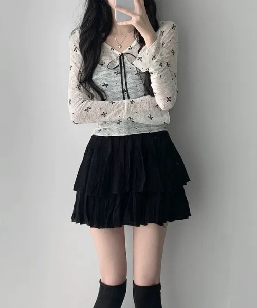 gossip!ロサンゼルス(ゴシップロサンゼルス)の「Y2K リボンレース シースルートップス(Tシャツ/カットソー・レディース・オフホワイト・FREE)」の4枚目の写真