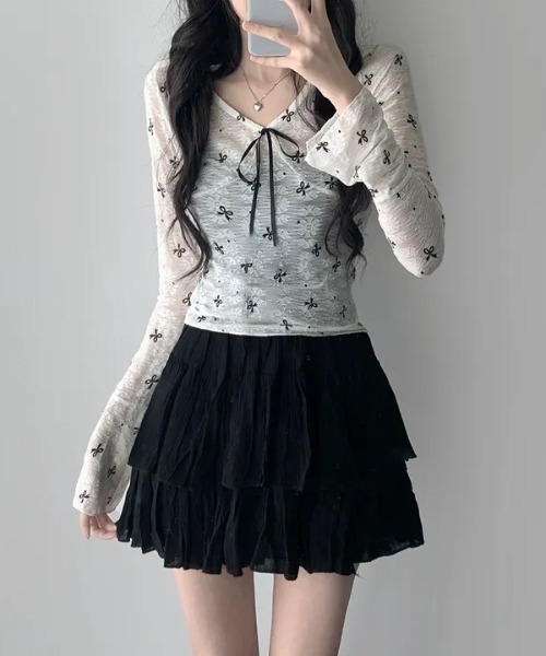 gossip!ロサンゼルス(ゴシップロサンゼルス)の「Y2K リボンレース シースルートップス(Tシャツ/カットソー・レディース・オフホワイト・FREE)」の7枚目の写真