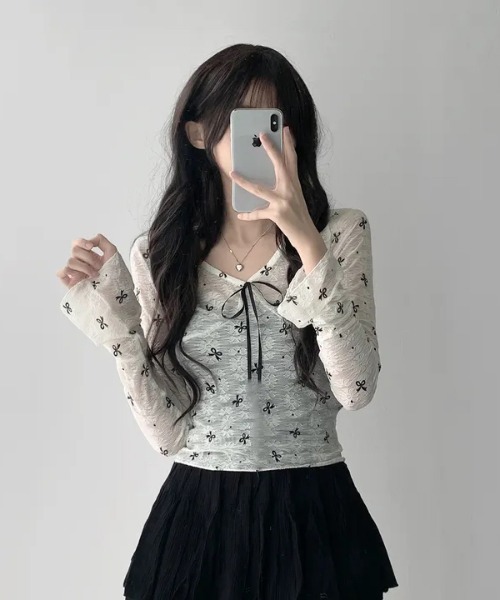 gossip!ロサンゼルス(ゴシップロサンゼルス)の「Y2K リボンレース シースルートップス(Tシャツ/カットソー・レディース・オフホワイト・FREE)」の8枚目の写真