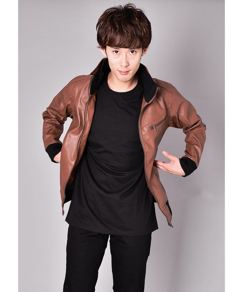 【VIBGYOR Select】PUレザー スタンド ライダースジャケット/レザーブルゾン 【VIBGYOR Select】PUレザー スタンド ライダースジャケット/レザーブルゾン