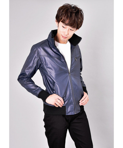 【VIBGYOR Select】PUレザー スタンド ライダースジャケット/レザーブルゾン 【VIBGYOR Select】PUレザー スタンド ライダースジャケット/レザーブルゾン