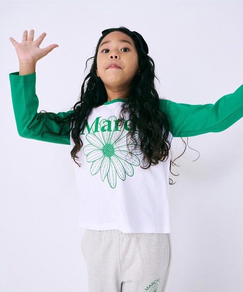 Mardi Mercredi(マルディメクルディ)の「KIDS TSHIRT RAGLAN FLOWERMARDI / キッズ Tシャツ ラグラン フラワーマルディ(Tシャツ/カットソー・キッズ・ネイビー/ブラック/ピンク/グリーン・110cm/100cm/130cm/120cm)」の2枚目の写真