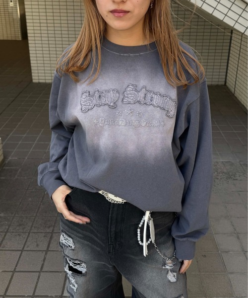 sedacle girl(セダクルガール)の「スプレーアップリケロンT(Tシャツ/カットソー・メンズ・パープル/マスタード/チャコールグレー・SMALL/MEDIUM/LARGE)」の2枚目の写真