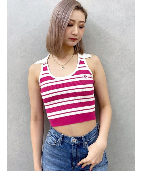 GYDA（ジェイダ）の「ボーダーノースリPOLOニットトップス（ニット/セーター・レディース・ピンク/ベージュ/オフホワイト・FREE）」の9枚目の写真