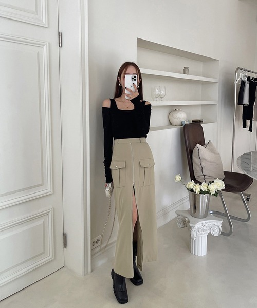 Doula Doula（ドゥーラドゥーラ）の「フロントジップスリットカーゴスカート（スカート・レディース・カーキ/ブラック・M/S）」の5枚目の写真