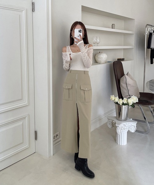 Doula Doula（ドゥーラドゥーラ）の「フロントジップスリットカーゴスカート（スカート・レディース・カーキ/ブラック・M/S）」の6枚目の写真