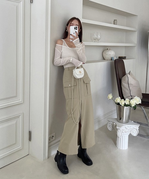 Doula Doula（ドゥーラドゥーラ）の「フロントジップスリットカーゴスカート（スカート・レディース・カーキ/ブラック・M/S）」の8枚目の写真